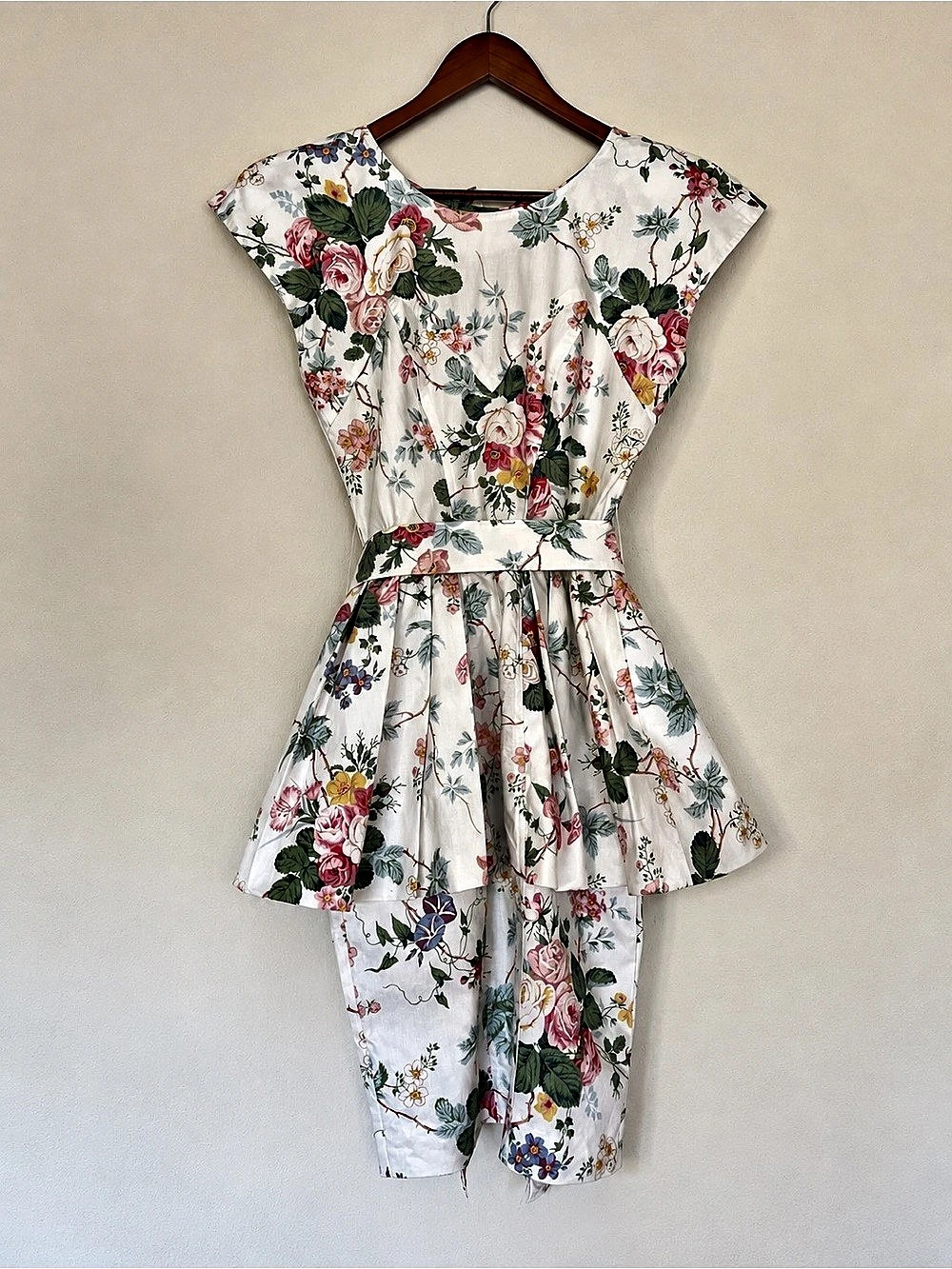 Vintage 80s Karen Alexander Floral Dress Cutout Bow Back Peplum Tulle Size 8 Cot